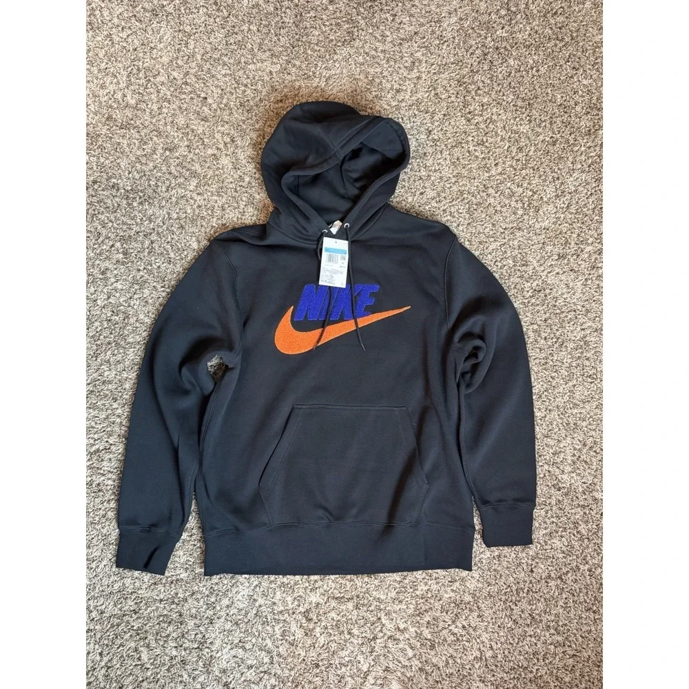 Nike Club Fleece Pullover Hoodie Black Orange Blue Terry FN3104-010 Men sz Med